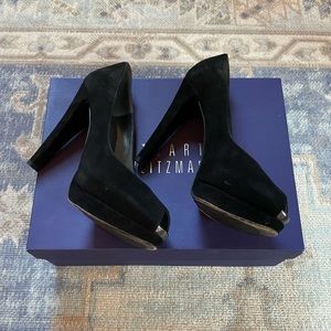 Stuart Weitzman size 6 black suede peep toe heels.
